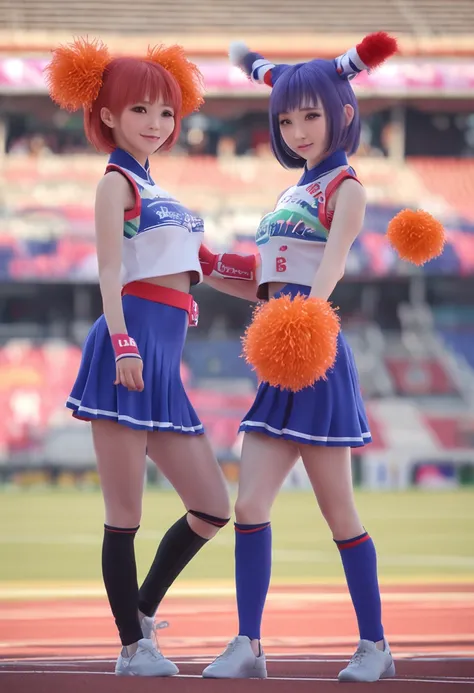 Two Ala-Fed Asian cheerleaders posing dynamically with pom-poms in stadium、write、a closeup、cosplay foto、Anime Cosplay、Short-cut hair、cute little、Raw photography, top-quality, hight resolution, (​masterpiece), (Photorealsitic:1.4), professional photograpy, ...