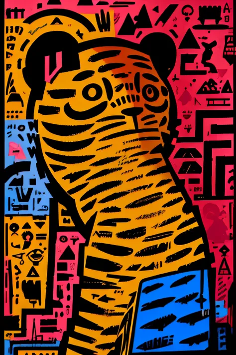 A Tiger，Painting byMichel Basquiat, brightly colored graffiti drawing --ar 3:4 --niji 5 --s 400