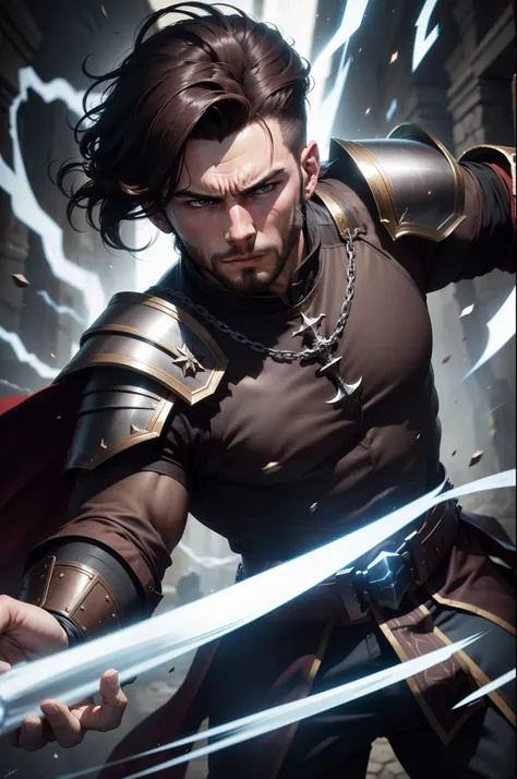 realistic 8k image of a strong 26 year old man with short dark brown hair combed to the side, dressed in dark cleric garb with silver shoulder pads, firing a power attack with his hand