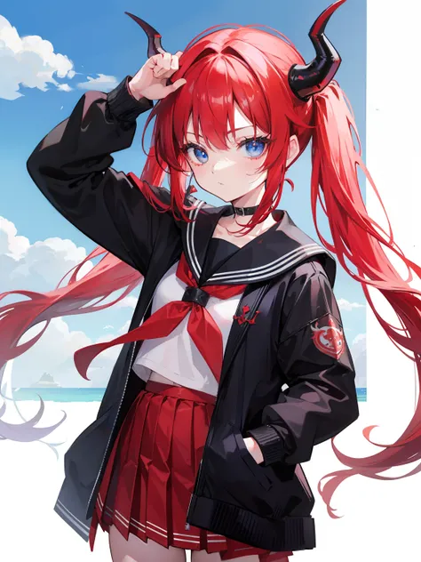 red hair, blue eyes, twintails, Sailor suit,black coat, Dragon horns,Pleated skirt,solo,loli,cute,bow