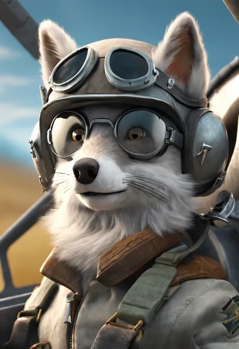 high detail, hyper quality, high resolution, 1080P, solo, furry, (male arctic fox: 1.5), (gray fur: 1.3), gray skin, gray ears, golden eyes, sharp claws, (fluffy tail: 1.2), (wearing a World War II pilots uniform)), ((wearing a World War II pilots hat)), (...