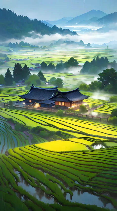 Large terraces，moutain terrain，Lodge，There are rice paddies，Rice fields，There are neat rice seedlings in the field，Foggy rain，villages，lavoura，in a serene landscape，Foggy weather，In the midst of vast tranquil landscapes，In the early morning，In the morning ...