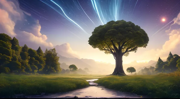 Illustration of a surreal, otherworldly, hyper sky scene including a giant crystal tree full body, highly detailed and magical lighting, intricate forest details, vegetation and surrounding river, solar punk, landscape, giant tree , beautiful green leaves,...