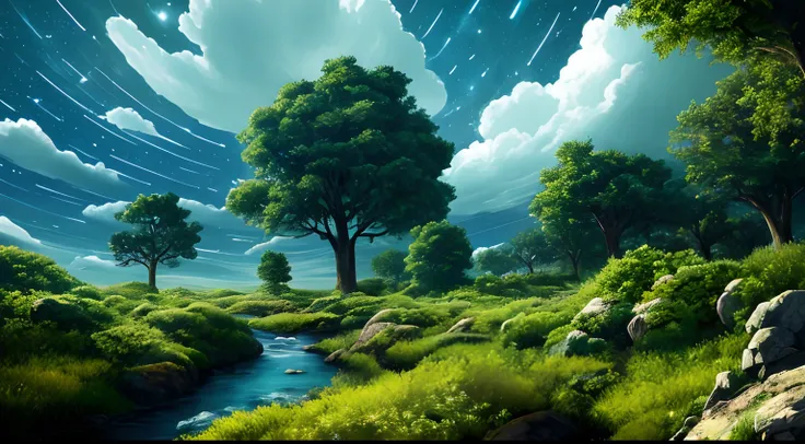 Illustration of a surreal, otherworldly, hyper sky scene including a giant crystal tree full body, highly detailed and magical lighting, intricate forest details, vegetation and surrounding river, solar punk, landscape, giant tree , beautiful green leaves,...