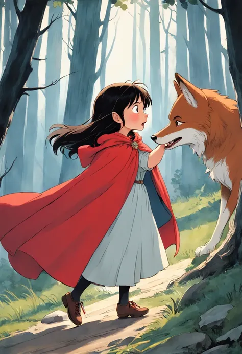 A girl in a red cape, Caperucita roja, un lobo feroz, Caperucita Roja, Classic childrens illustration, Caperucita Roja, Gran lobo feroz, Caperucita Roja, The wolf threatens the girl, , story book illustration, Richard Scarry, story book illustration, Ilust...