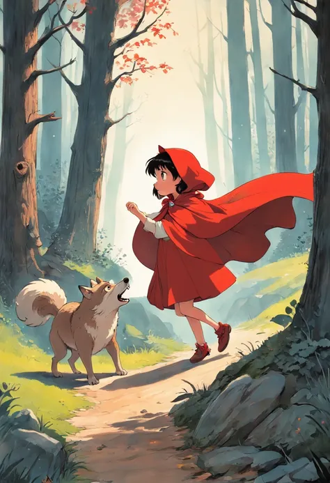 A girl in a red cape, Caperucita roja, un lobo feroz, Caperucita Roja, Classic childrens illustration, Caperucita Roja, Gran lobo feroz, Caperucita Roja, The wolf threatens the girl, , story book illustration, Richard Scarry, story book illustration, Ilust...