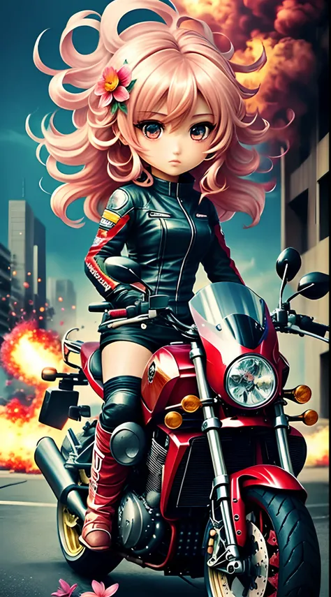 motorcycle,flower,character,Chibi,real,art, explosion,
yang08k, photography, beautiful,  colorful,realistic,
masterpieces, top quality, best quality, official art, beautiful and aesthetic,