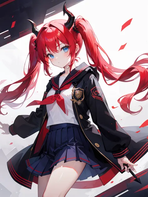 red hair, blue eyes, twintails, Sailor suit,black coat, Dragon horns,Pleated skirt,solo,loli,cute,bow