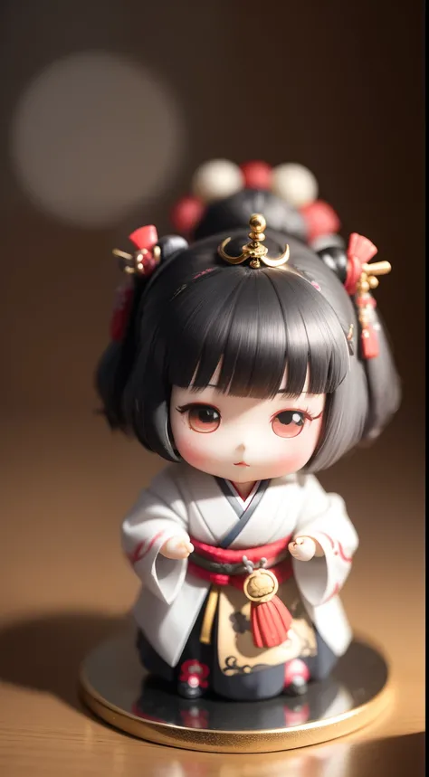 A small anime doll, Depiction of geisha, Inside the blind box, Place on a small pedestal, On a clean white background, Artificial light lighting. The artwork is of top-notch photographic quality, Capture every intricate detail of anime dolls.