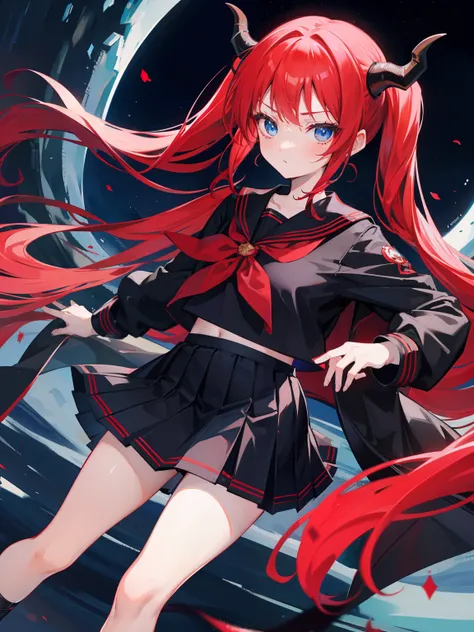 red hair, blue eyes, twintails, Sailor suit,black coat, Dragon horns,Pleated skirt,solo,loli,cute,bow