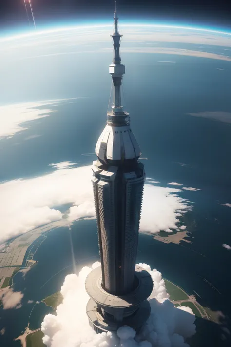 a giant space elevator passing through the clouds of the sky, para subri e desce eqeuipamentos tecnologicos ,Giant skyscraper seen from space