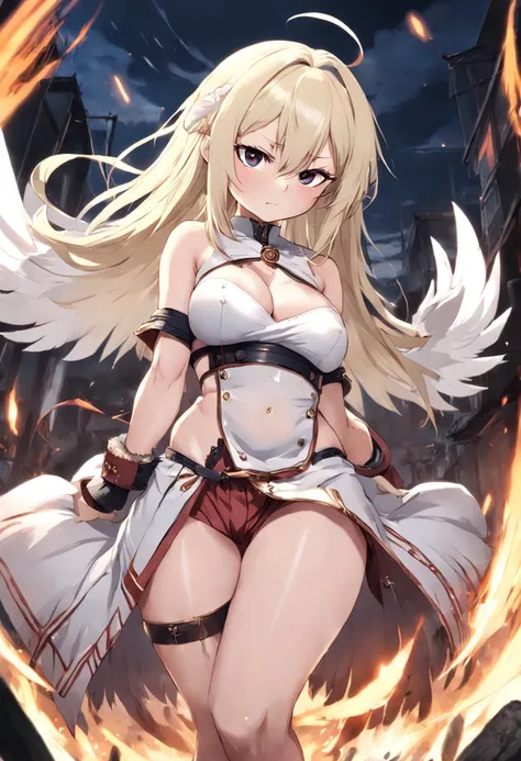 japanese anime style。illustratio。Dark Fantasy。White feathers。girl with。a blond。undergarment。natta。battle field。Colossal tits。pubick hair。teats。a miniskirt。A little angry。crouching down。Open crotch。