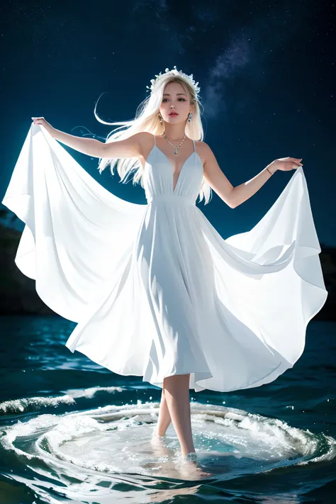 Woman in white dress standing in sea water with flowing dress, pale skinned, deusa, lua cheia, de colar de diamante, Pearls in water, a noite, starly sky, sky with galaxy, ..lua, Como uma deusa, walking on water, mulher iluminada, blue water, wearing a whi...