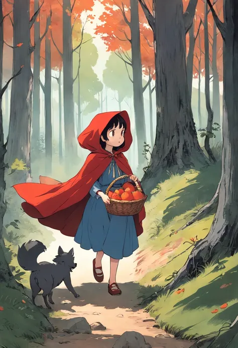 A girl in a red cape, Caperucita roja, un lobo feroz, Caperucita Roja, en un bosque, The girl carries a basket with fruits, Classic childrens illustration, Caperucita Roja, Gran lobo feroz, Caperucita Roja, The wolf threatens the girl, , story book illustr...