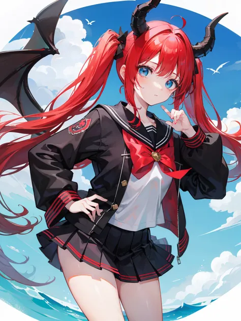 red hair, blue eyes, twintails, Sailor suit,black coat, Dragon horns,Pleated skirt,solo,loli,cute,bow