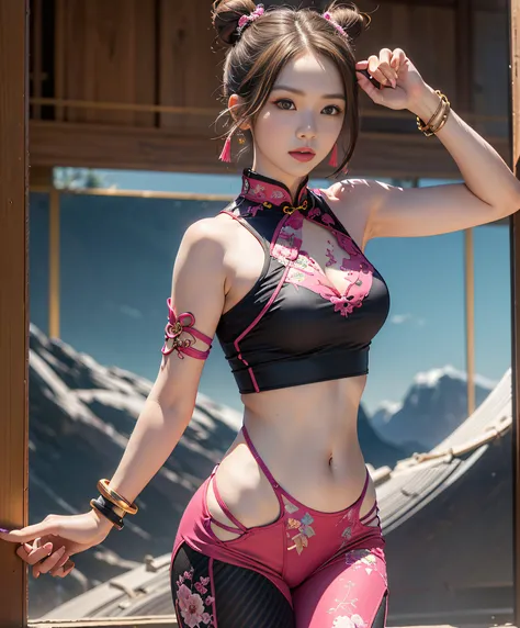 Woman in her 20s, Chunlim, (Perfect face), Defined jawline, Beautiful brown eyes, Beautiful lips, (short brown hair, Hair bun, Double bun), (Perfect hands), (Pink cheongsam Fetham), Tight blue track pants, Spiky bracelet, (Vertical split pose), Looking at ...