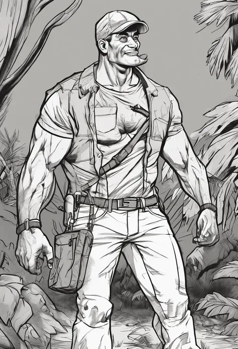 Male, solo, anthro, bear, grey body, jungle, (tight beige pants), detailed lighting, (red hat), vest, grey chest tuft, slightly chubby, (detailed bulge), offended, blushing, (detailed genital outline), tenting, (detailed penis outline), (outstretched (pant...