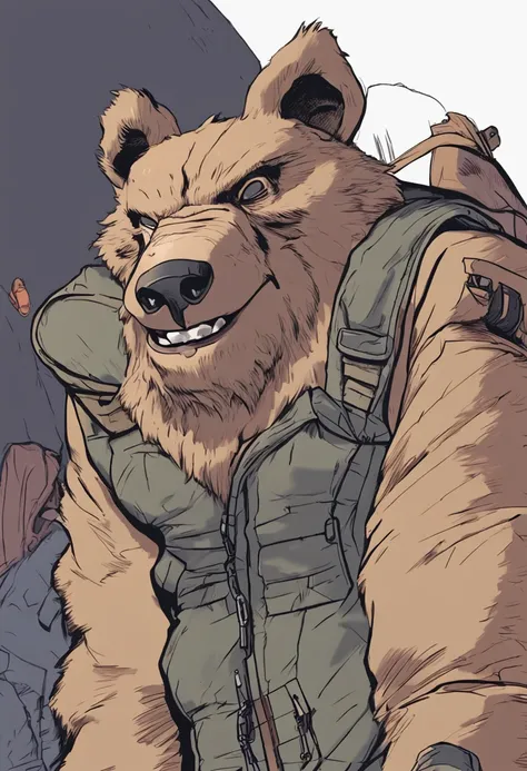 Male, solo, anthro, bear, grey body, jungle, (tight beige pants), detailed lighting, (red hat), vest, grey chest tuft, slightly chubby, (detailed bulge), offended, blushing, (detailed genital outline), tenting, (detailed penis outline), (outstretched (pant...