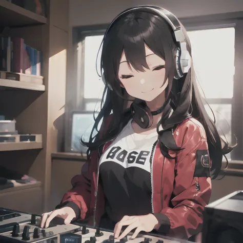 (1 girl、A dark-haired、straight haired、hair adornments、eye closed、A smile、small tits、cute  face)、Red jacket、Black pants、full body Esbian、camera view、Turntables on both sides of the mixer console、​masterpiece、top-quality、nffsw、Wearing headphones on your neck