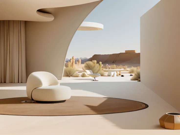 There is a white chair sitting on a brown carpet in the room, futuristic in the desert, rounded architecture, inspired by Willem Claeszoon Heda, Hillside desert pavilion, inspired by Isamu Noguchi, beige and dark atmosphere, in the art style of filip hodas...