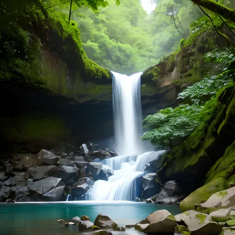 "Realistic photograph of a large waterfall with abundant water gushing over the rocks amid a dense rainforest" --auto