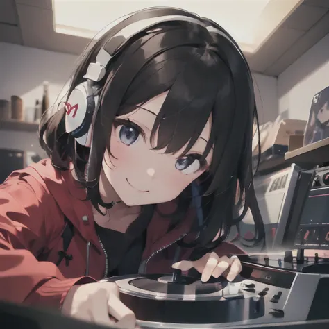 (1 girl、A dark-haired、straight haired、hair adornments、ssmile、A smile、small tits、cute  face)、Red jacket、Black pants、full body Esbian、camera view、Turntables on both sides of the mixer console、​masterpiece、top-quality、nffsw、Wearing headphones on your neck