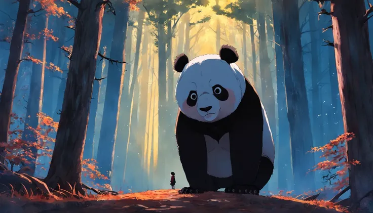 tmasterpiece，best qualityer，cinematic Film still from，1 panda，Close-up，The panda looks up at the forest，Winters