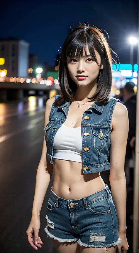 （8K分辨率，Photo above the thigh，Sideways photo of walking），（1womanl，20yr old，（（Face with wide bones，s delicate face，详细的脸）），（Coiled hair，Elongated bangs），（Redlip，A smile shows a tiger tooth），Fair smooth skin，（Best Skin Type：1.21），gigantic cleavage breasts，（Gra...