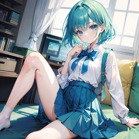 Short blue-green hair，The face is larger but shiny，Oversized student dress apricot pleated skirt，Moe