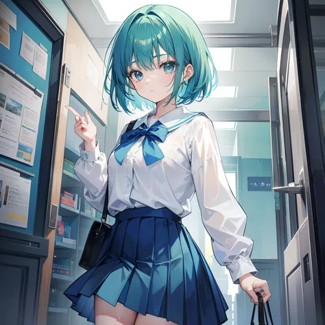 Short blue-green hair，The face is larger but shiny，Oversized student dress apricot pleated skirt，Moe