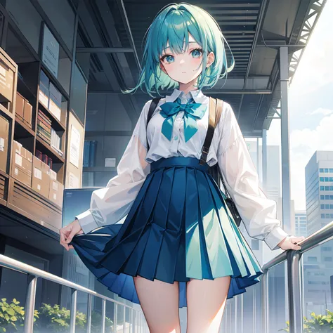 Short blue-green hair，The face is larger but shiny，Oversized student dress apricot pleated skirt，Moe