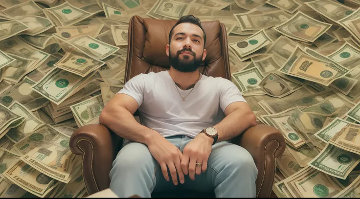 Foto extremamente detalhada realista de um lindo e jovem homem de 36 anos brasileiro gordinho barbudo sorridente em um lindo terno, surrounded by a flood of dollar bills, carros de luxo, notas de real, joias caras, epic composition, las vegas, 4k, 8k, 16k