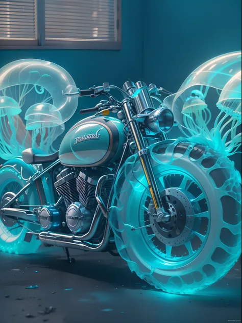 Realism, Photorealism, Photorealistic, Hyper Real, Hyperrealistic, Realistic, Full-HD, 1080p, 16k motorcycle made of jellyfish on the wheels with blue background and diffused light on the left side