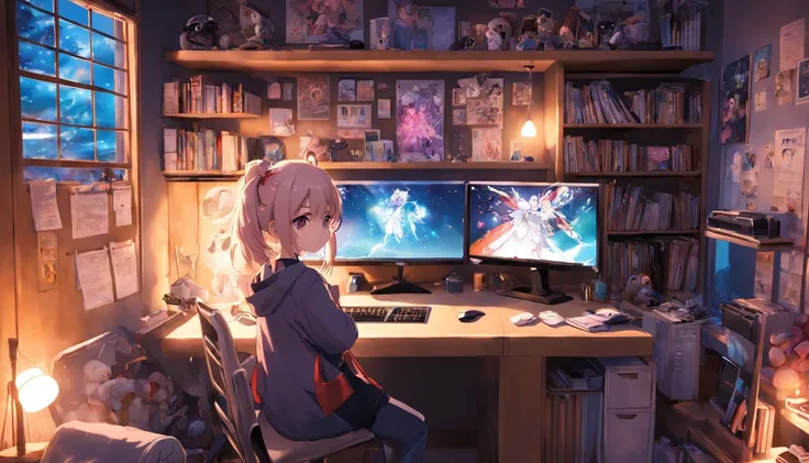 Anime programmer girl in a cozy home office, plush toys, and anime posters, passion, comfort, inspiration, nostalgia, creativity, custom-built PC, prime lens, evening, 35mm focal distance, artistic photograph, by Rei Suzuki