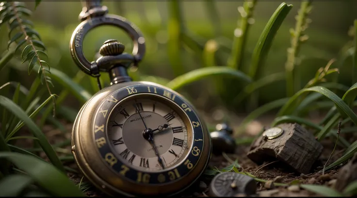 Late summer morning forest、Old pocket watch from medieval Europe lying rotten in the grass、part is covered with soil、Dirty dial、like photo、very real、depth of fields, Cinematic lighting, masutepiece, Best Quality, hight resolution, in 8K