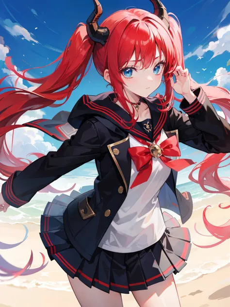 red hair, blue eyes, twintails, Sailor suit,black coat, Dragon horns,Pleated skirt,solo,loli,cute,bow