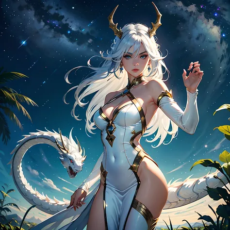 Masterpiece, high quality, dragon white queen, powerful woman perspective, dynamic pose, elegant silver dress, elegant. A lot of hair, very long vawy hair, white hair, whitedragon horns, long elves ears,she have a white dragon tail, blue eyes, stars goddes...