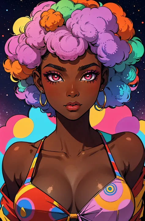 (best quality:1.1),original,1girl,chic,trendy,lolipop,afro,dark skin,makeup,1970's,psychedelic