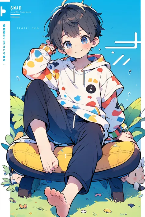 masterpiece, chubby little boy with black hair and shiny bright blue eyes and barefoot wearing a hoodie, and oversized sweatpant...