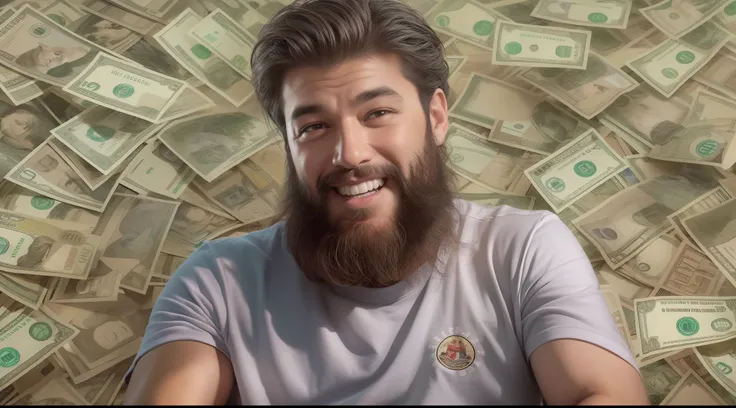 Foto extremamente detalhada realista de um lindo e jovem homem de 36 anos brasileiro gordinho barbudo sorridente em um lindo terno, surrounded by a flood of dollar bills very detailed very realistic, carros de luxo, notas de real, joias caras, epic composi...