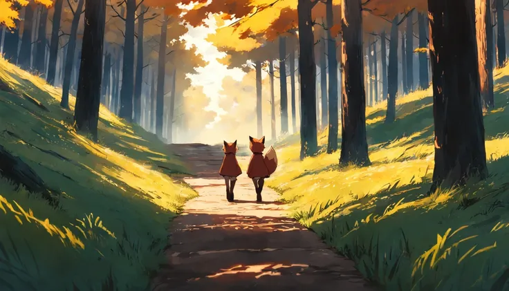 tmasterpiece，best qualityer，cinematic Film still from，1 fox，Close-up，Foxes walking on forest paths