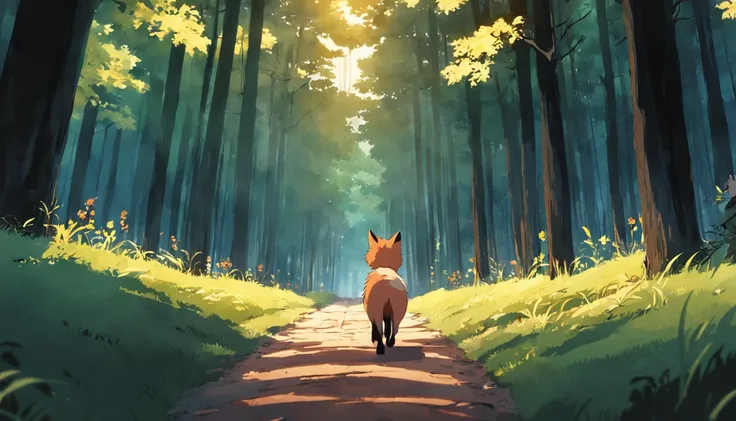 tmasterpiece，best qualityer，cinematic Film still from，1 fox，Close-up，Foxes walking on forest paths