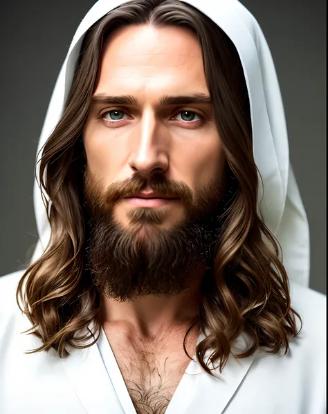 (symmetry),centered,a ((close)) up portrait,(jesus),a very thin white man with long hair and a beard,wearing a long white robe,3...