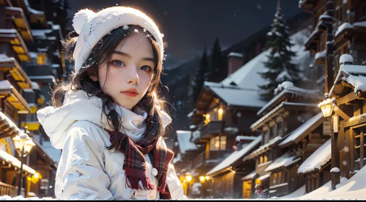 Faraway view，1 girl，Lolita costume， (Snow, Snow，Outdoor activities in winter:1.2)，Winter night view，In the snowy mountain forest，