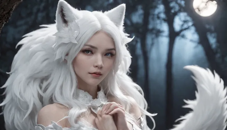 (Next to the anime girl with white fur fox ears before the full moon is a huge white nine-tailed fox:1.5), fantasy fox love, White-haired fox, white fox anime, Anime fantasy illustration,(dark forest background，Blue transparent smoke surrounds:1.8), art of...