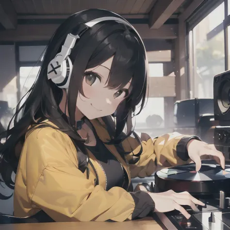 (1 girl、A dark-haired、straight haired、hair adornments、ssmile、A smile、small tits、cute  face)、Yellow jacket、Black pants、full body Esbian、camera view、Turntables on both sides of the mixer console、​masterpiece、top-quality、nffsw、Wearing headphones on your neck