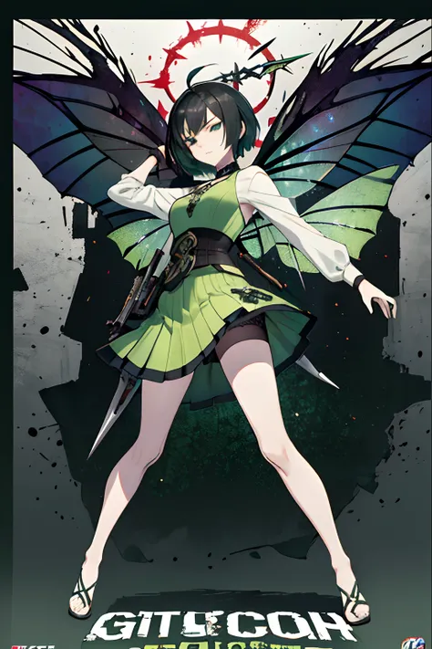 ((((dramatic))), (((gritty))), (((intense))) film poster, ((Best Quality)) ((Masterpiece)) 1girl, 19 year old, black hair, pixie bob haircut, flirty smirk ((( light green fairy  straplessdress ))) (((mini skirt))) ((( upskirt ))) ((slender)) (busty) ((sexy...