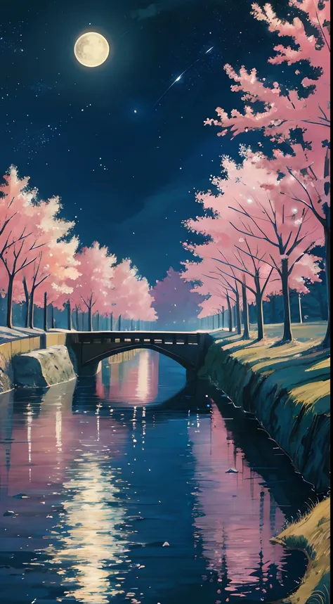 A painting of a river with stars and moon in the sky, concept art inspired by Tosa Mitsuoki, pixiv contest winner, best quality, fantasy art, beautiful anime scene, a bright moon, moonlit starry environment, dream painting, Anime Background Art, Fantasy La...