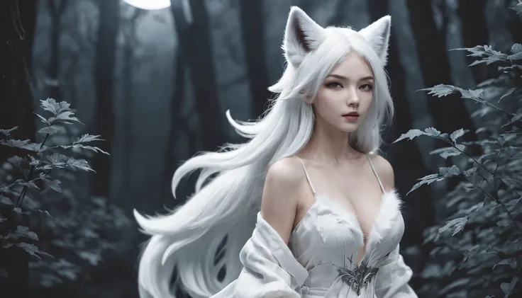 (Next to the anime girl with white fur fox ears before the full moon is a huge white nine-tailed fox:1.5), fantasy fox love, White-haired fox, white fox anime, Anime fantasy illustration,(dark forest background，Blue transparent smoke surrounds:1.8), art of...