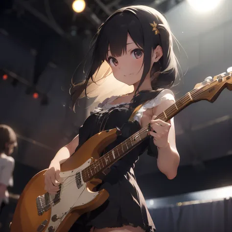 1girl in, long, electric guitars, solofocus, (depth of fields, Ambient lighting, Blurred foreground, blurry backround:1.3), Atmosphere, Light flare, intricate detailes, enhanced lighting、ssmile、Stage with audience、portlate